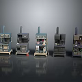 Vintage Style Machines With Different Colors Drawers Pipes And Control Panels