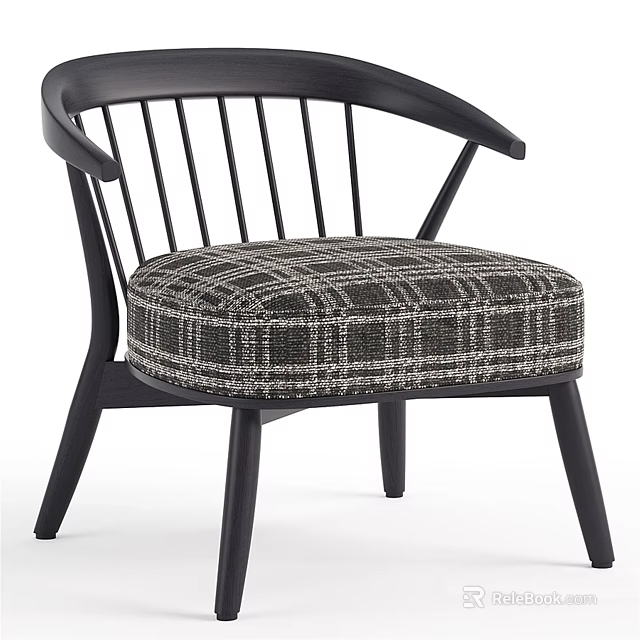 Stylish Leisure Chair With Black Wooden Frame Spindle Back Curved Armrests And Plaid Cushion 3d model 