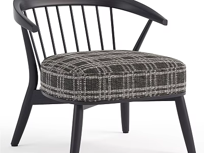 Stylish Leisure Chair With Black Wooden Frame Spindle Back Curved Armrests And Plaid Cushion 3d model