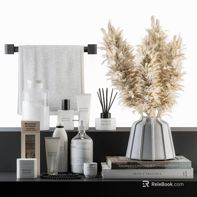 Modern Bathroom Accessories With Towel Rack Bottles And Plants 3d model 