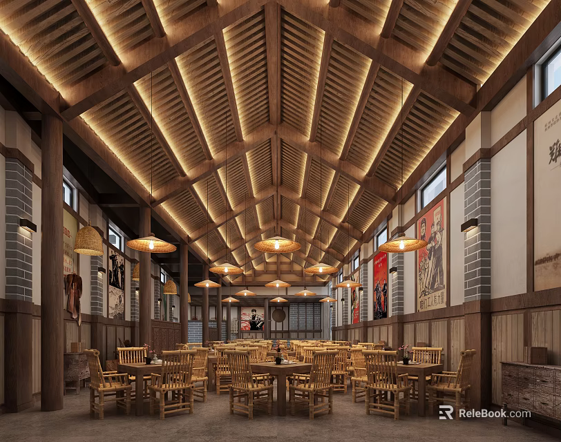 Traditional Teahouse Interior With Wooden Ceiling Beams Hanging Lamps And Wooden Tables Chairs 3d model 