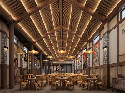 Traditional Teahouse Interior With Wooden Ceiling Beams Hanging Lamps And Wooden Tables Chairs 3d model
