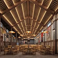 Traditional Teahouse Interior With Wooden Ceiling Beams Hanging Lamps And Wooden Tables Chairs