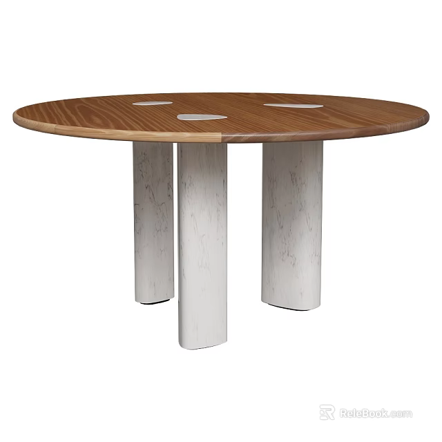 Stylish Round Table With Wooden Tabletop And Three White Column Legs Design 3d model 