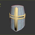 Medieval Weapon Helmet With Silver Body Golden Cross Design And Perforations