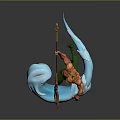 Mythical Muscular Ocean Figure With Golden Hair And Trident Riding Blue Wave Creature