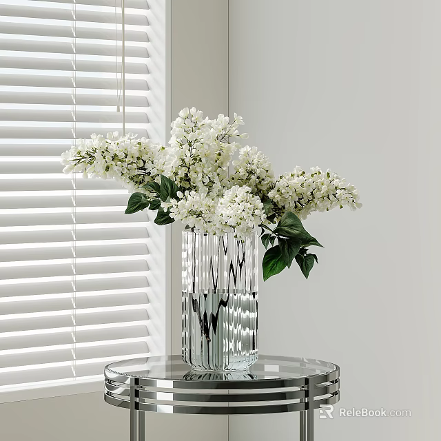 Transparent Glass Vase With White Flowers On Round Metal Table By Window Blinds 3d model 
