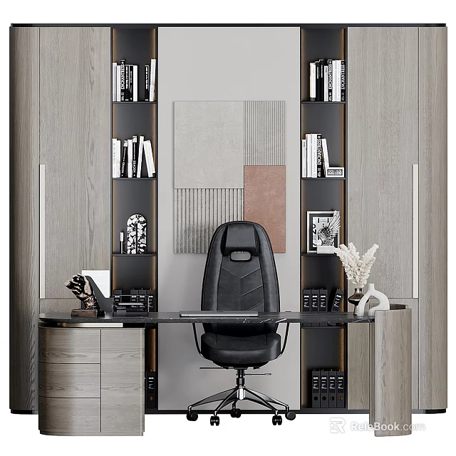 Modern Elegant Office Interior Design With Black Chair Desk Bookshelves Artwork And Storage Cabinets 3d model 
