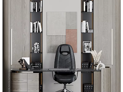 Modern Elegant Office Interior Design With Black Chair Desk Bookshelves Artwork And Storage Cabinets 3d model