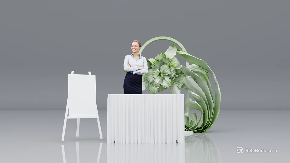 Modern Check-in Desk With Female Staff Easel And Green Plant Decoration 3d model 