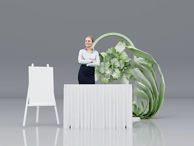 Modern Check-in Desk With Female Staff Easel And Green Plant Decoration 3d model
