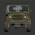 Vintage Olive Green Military Jeep With Weathered Body And Canvas Top