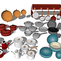 Colorful Kitchen Cookware Set With Hanging Pots Pans And Various Cooking Tools 3d model