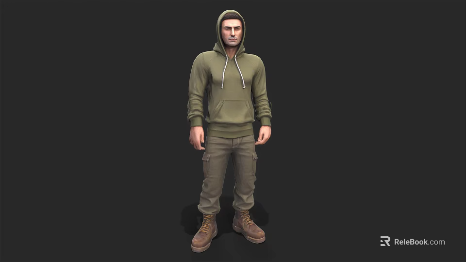 Man in Green Hoodie and Khaki Pants Standing with Brown Boots on Dark Background 3d model 