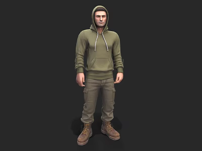 Man in Green Hoodie and Khaki Pants Standing with Brown Boots on Dark Background 3d model