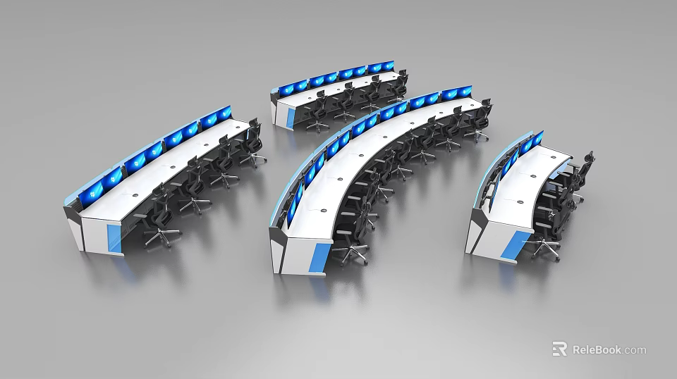Curved Desk and Chair Set with Blue Screens for Modern Office Workstation 3d model 