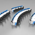Curved Desk and Chair Set with Blue Screens for Modern Office Workstation