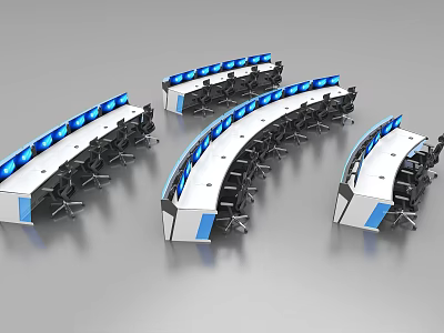 Curved Desk and Chair Set with Blue Screens for Modern Office Workstation 3d model