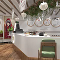 Cozy Milk Tea Shop Interior With Mural Paintings Potted Plants Hanging Lanterns And Wooden Tables