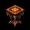 Ornate Square Table With Golden Decorative Pattern And Green Gemstone Accents On Carved Legs