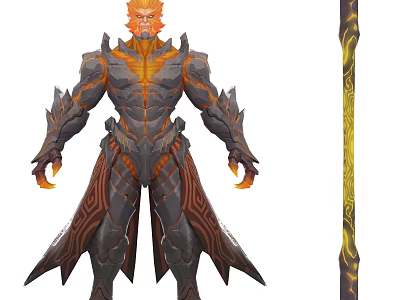 Game Movie Character With Orange Hair Rock Armor Muscular Build And Golden Staff 3d model