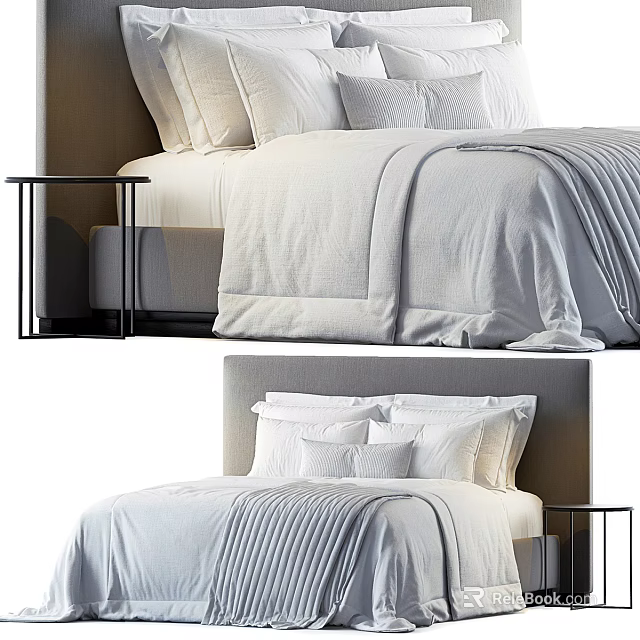 Modern Double Bed With White Linen Sheets Upholstered Headboard And Nightstand 3d model 