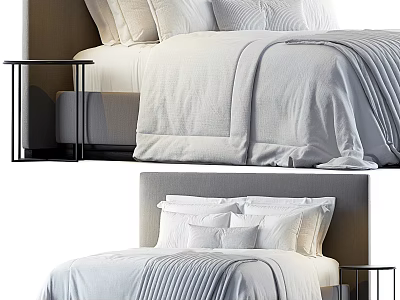 Modern Double Bed With White Linen Sheets Upholstered Headboard And Nightstand 3d model