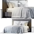 Modern Double Bed With White Linen Sheets Upholstered Headboard And Nightstand 3d model
