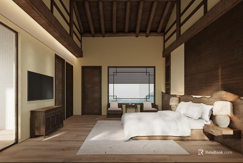 Hotel Room Interior With Wooden Beam Ceiling Large Bed White Sheets And Window View 3d model 