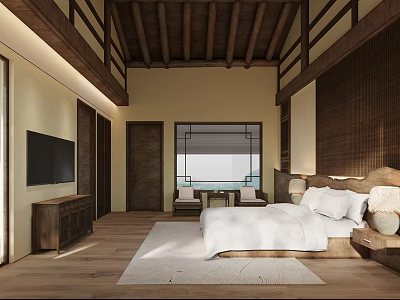 Hotel Room Interior With Wooden Beam Ceiling Large Bed White Sheets And Window View 3d model
