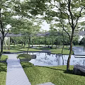 Scenic Park Landscape With Ponds Trees Stone Walkways And Green Lawns