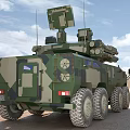 Armored Military Vehicle with Camouflage Paint Multi Wheel Roof Mounted Military Equipment on Desert Terrain
