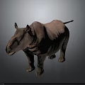 Standing Pink Rhinoceros with Single Horn and Rough Skin on Plain Gray Background