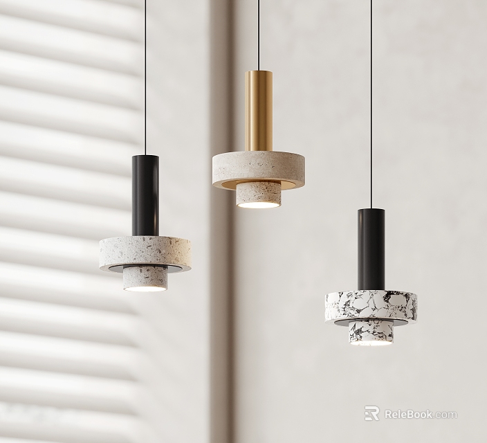 Three Modern Pendant Lights With Black Metal And Concrete Textured Geometric Design In Minimalist Interior 3d model 