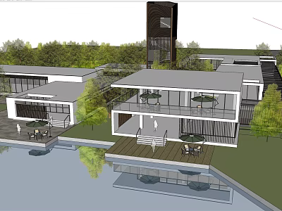 Modern Waterfront Sales Office Building With Glass Facade Outdoor Terrace And Trees 3d model
