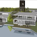 Modern Waterfront Sales Office Building With Glass Facade Outdoor Terrace And Trees