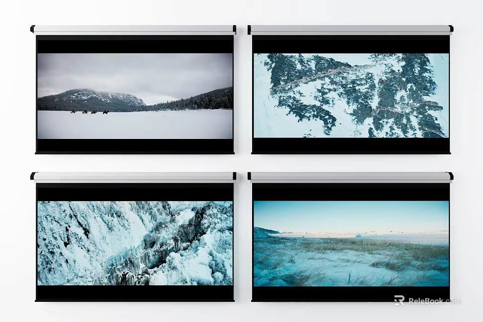 Projection Monitoring System With Screens Showing Snowy Mountains Forest And Icy Waterfall Scenes 3d model 