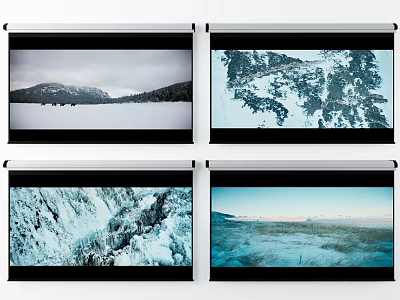 Projection Monitoring System With Screens Showing Snowy Mountains Forest And Icy Waterfall Scenes 3d model