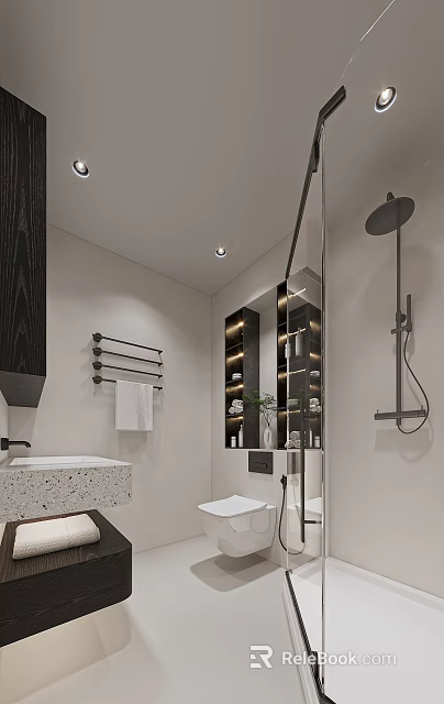 Modern Bathroom Interior With Glass Shower Wall Mounted Toilet Washbasin And Wall Cabinet 3d model 
