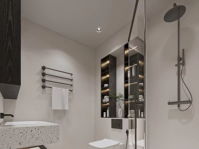 Modern Bathroom Interior With Glass Shower Wall Mounted Toilet Washbasin And Wall Cabinet 3d model