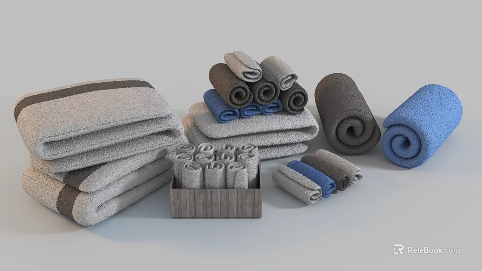 Soft Gray And Blue Towels Stacked And Rolled In Organized Arrangements 3d model 