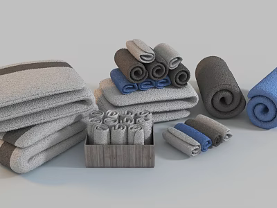 Soft Gray And Blue Towels Stacked And Rolled In Organized Arrangements 3d model
