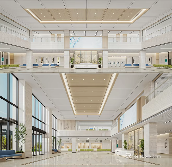 Modern Hospital Lobby Interior With Spacious Layout Multi Level Floors And Ceiling Lights 3d model