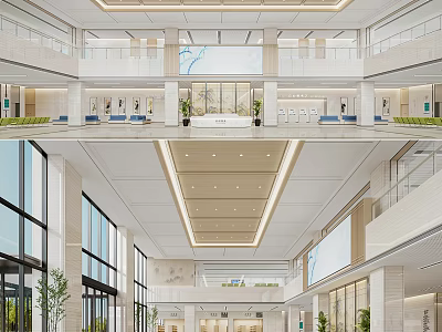 Modern Hospital Lobby Interior With Spacious Layout Multi Level Floors And Ceiling Lights 3d model