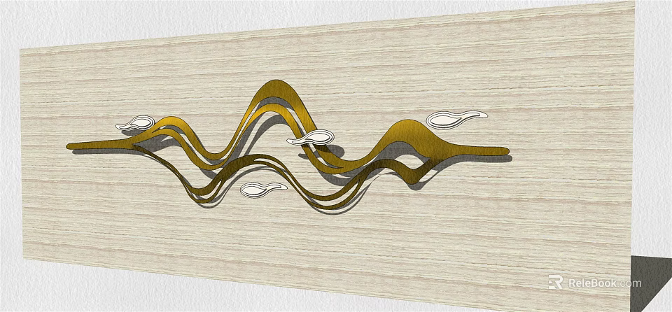 Golden Wavy Metal Feature Wall Design With Wooden Background and Fish Shaped Decorations 3d model 