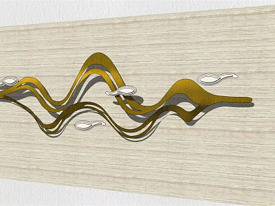 Golden Wavy Metal Feature Wall Design With Wooden Background and Fish Shaped Decorations 3d model