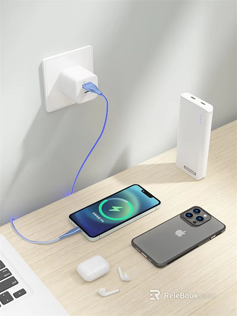 Phone Charging With Power Bank Cable And Another Phone On Wooden Desk 3d model 