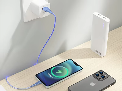 Phone Charging With Power Bank Cable And Another Phone On Wooden Desk 3d model