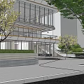 Modern Commercial Complex With Glass Facade Retail Shops Parking Area And Landscaped Gardens 3d model