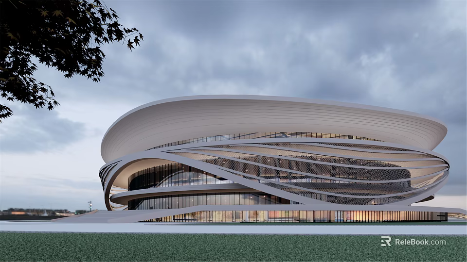 Modern Public Architecture With Sleek Curved Roof Glass Facade And Green Grass Area 3d model 